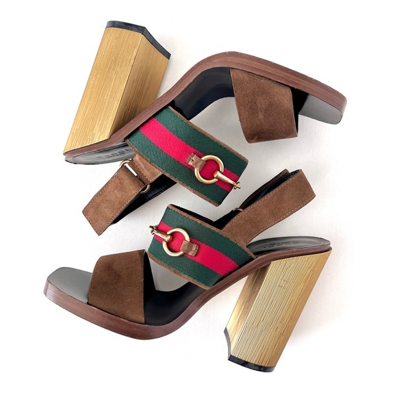 GUCCI || Querelle Horsebit Web stripe Suede Chunky Gold High Heel Sandal EU 38 - Picture 3 of 15